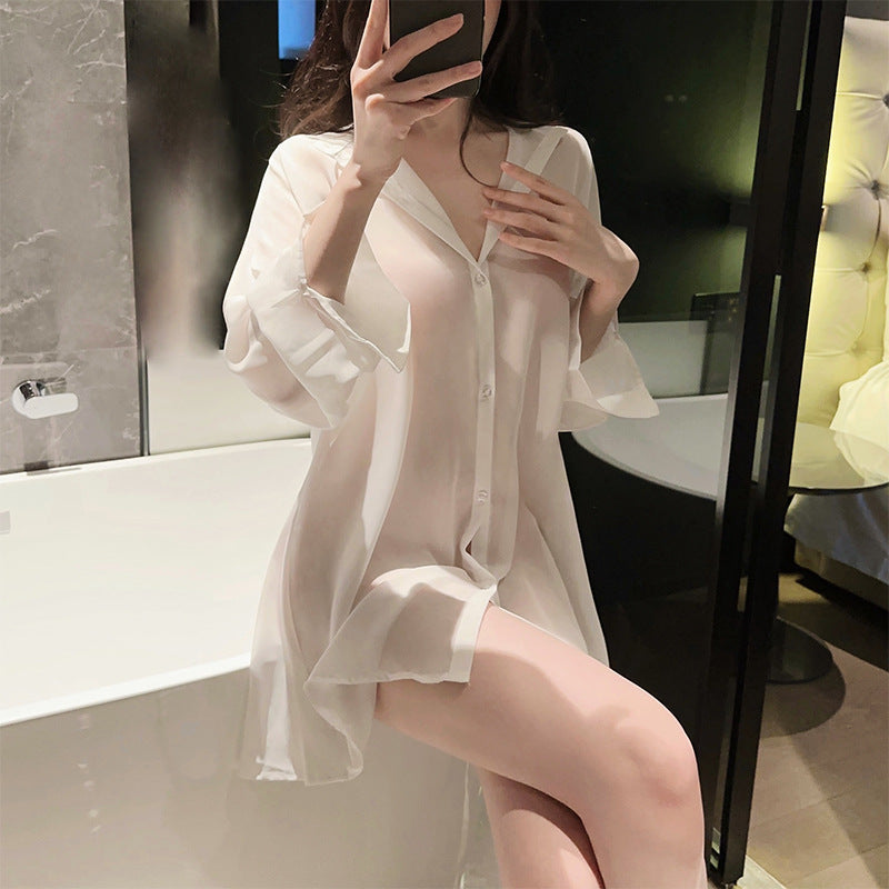 Image of erotic lingerie feminine see-through uniform temptation plus size backless shirt passion boyfriend style pajamas set 8850